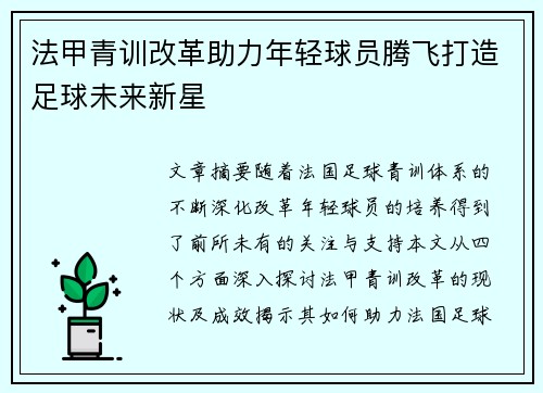 法甲青训改革助力年轻球员腾飞打造足球未来新星 法甲青训改革助力年轻球员腾飞打造足球未来新星